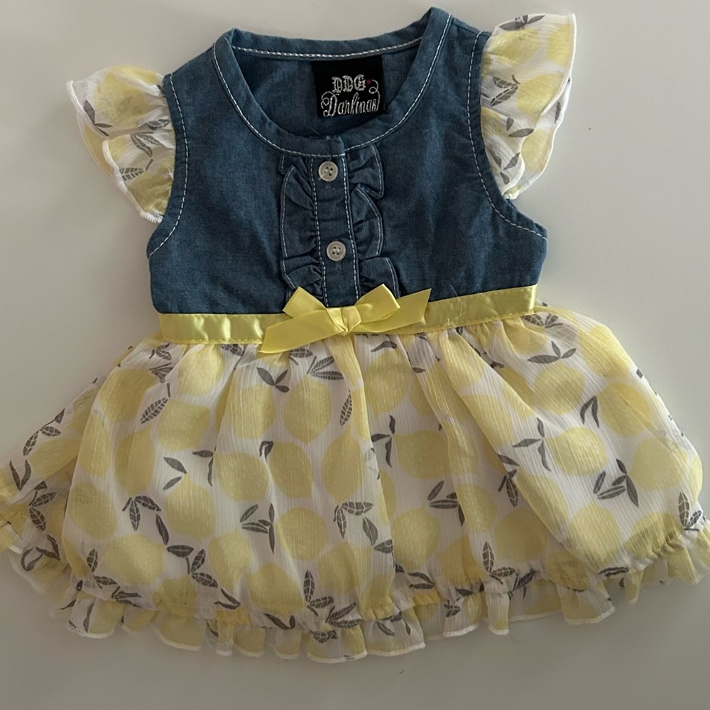 3-6 month old Denim Jean dress with attached yellow lemon pattern skirt